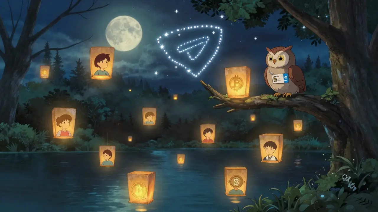 A magical forest of lanterns representing crypto users, guided by an owl with a Saudi ID card.