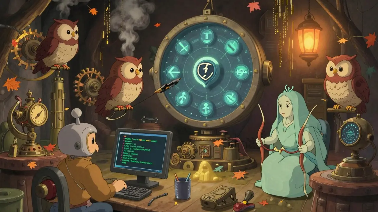 A mechanical workshop with clockwork bots executing flash loan trades under warm lantern light in Studio Ghibli style.