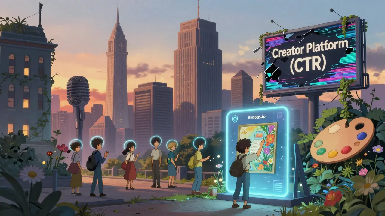 A peaceful digital city of creator-themed buildings, with an artist uploading to Airdrops.io as a fake CTR billboard crumbles into vines.