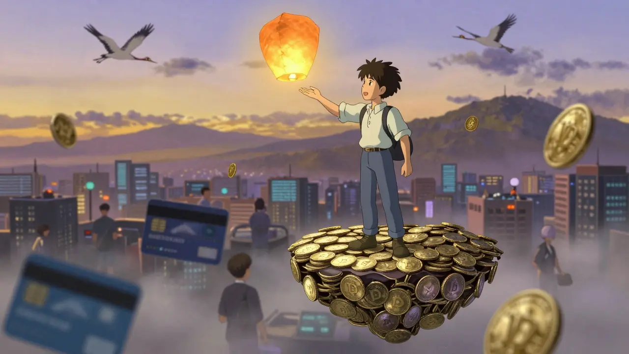 A person reaches for a glowing VD token above a misty city of traders, some with fiat money out of reach.