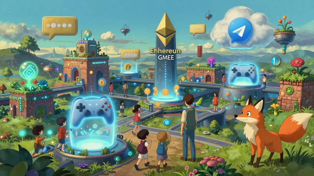 A sky-hub connecting GMEE and WATCoin worlds, with people exchanging tokens through game-controller portals in Studio Ghibli style.