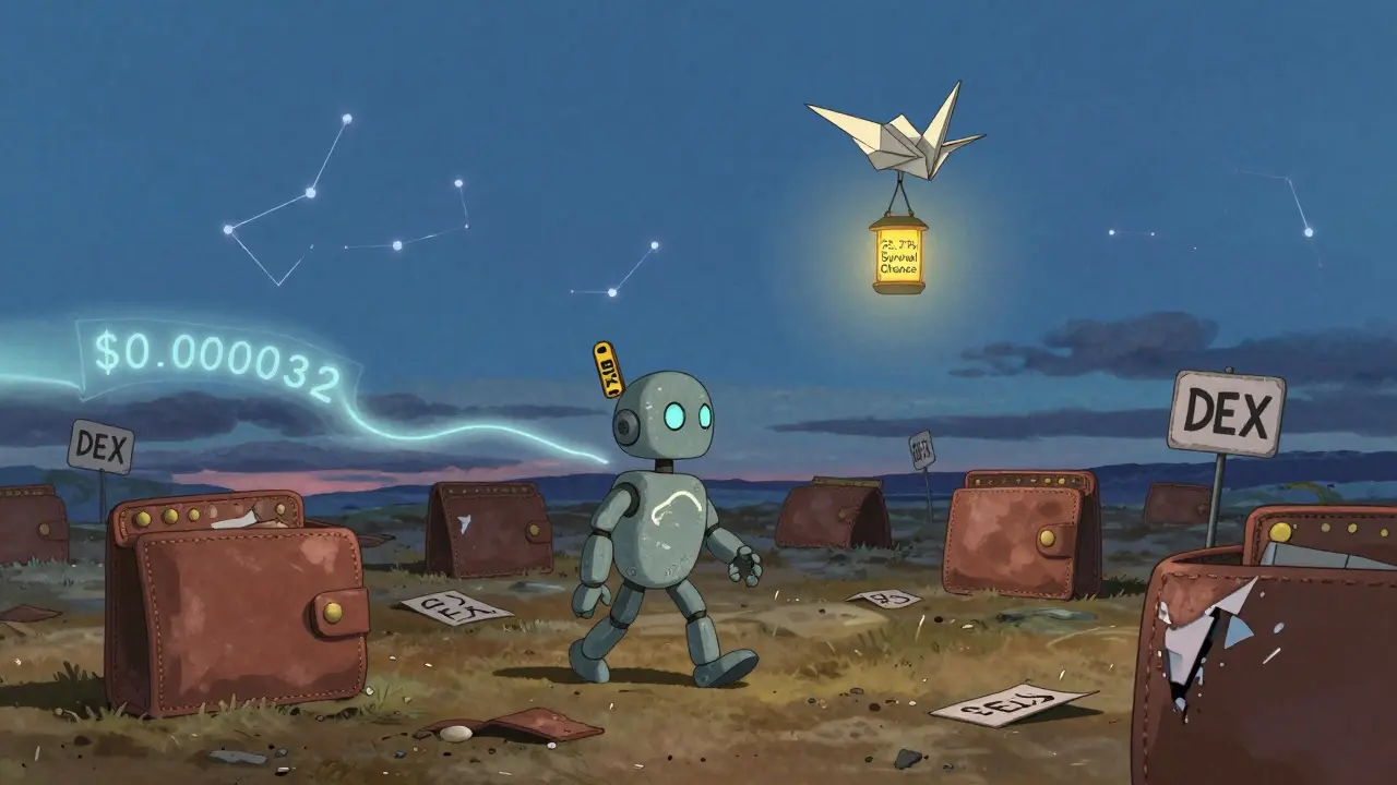 A small robot with a UBX token head walks across a barren digital plain under a sky with faint blockchain stars.