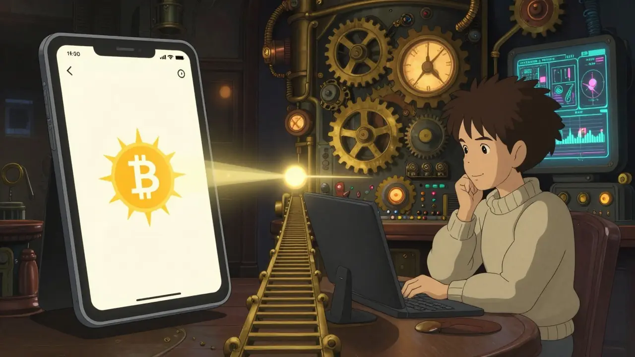 A split scene shows a simple crypto app on one side and a complex trading console on the other, connected by light.