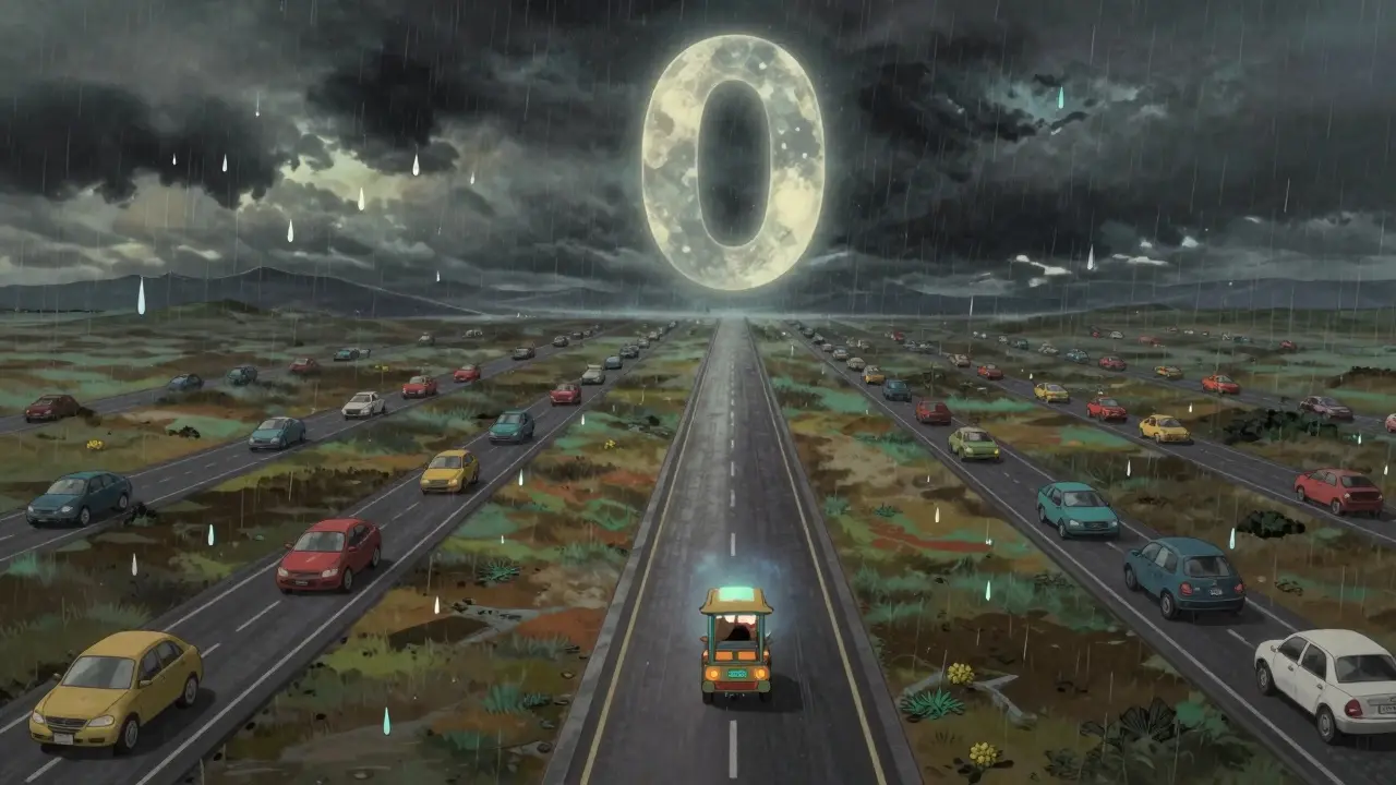 A tiny cart travels alone on an empty blockchain highway while other exchanges speed past in the distance.