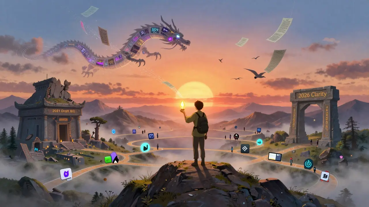 A traveler holds a seed phrase lantern atop a mountain as digital pathways and a blockchain dragon signify crypto’s future in India.