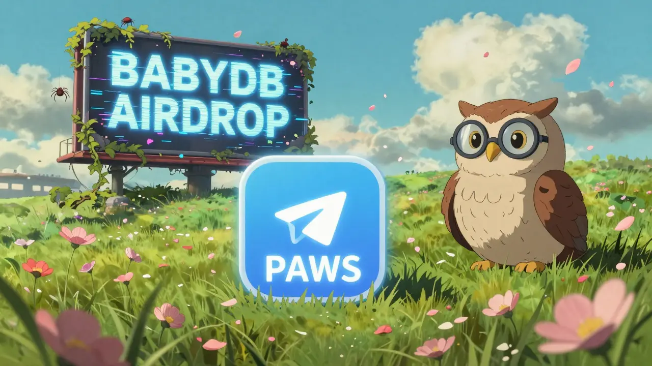 A verified PAWS app blooms in a meadow of digital petals as a crumbling BABYDB billboard decays behind it.