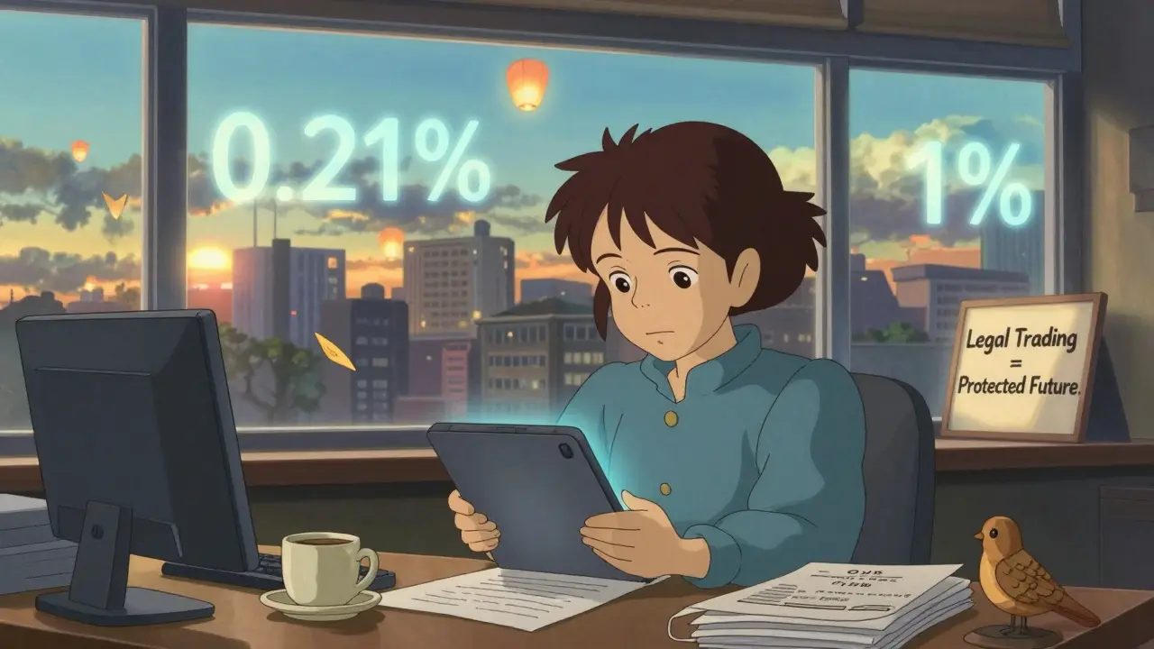 A woman files her crypto tax at dawn, with floating tax symbols like lanterns in the background.
