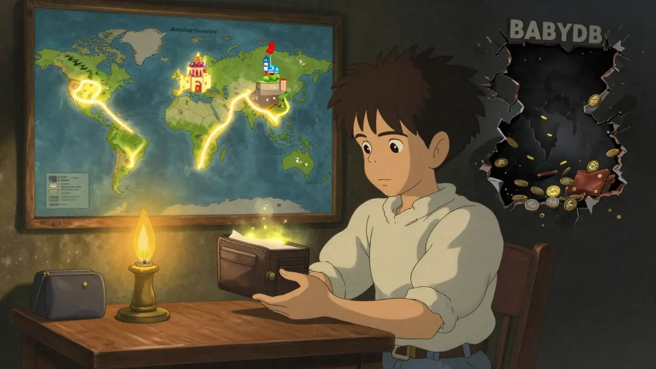 A young person holds an empty wallet as a map shows a bright path to a game castle and a dark road ending in a pit of coins.