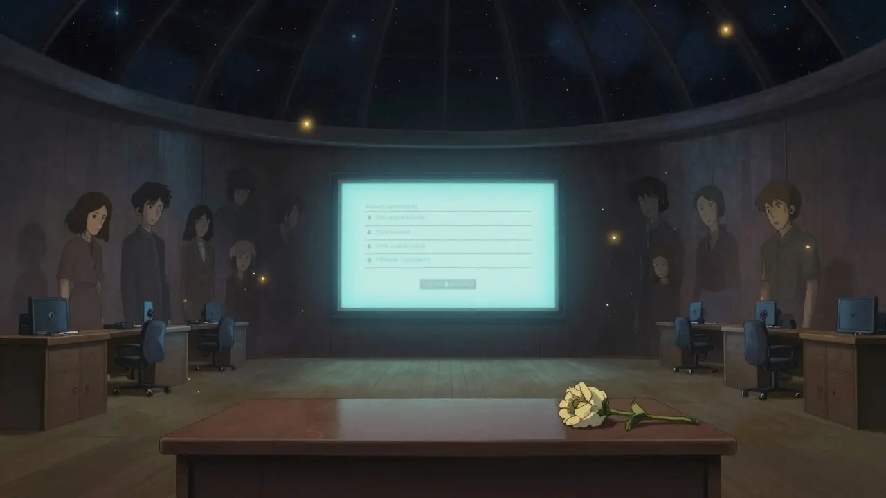 An empty trading floor with one flickering screen and fading user shadows, under a starry dome.
