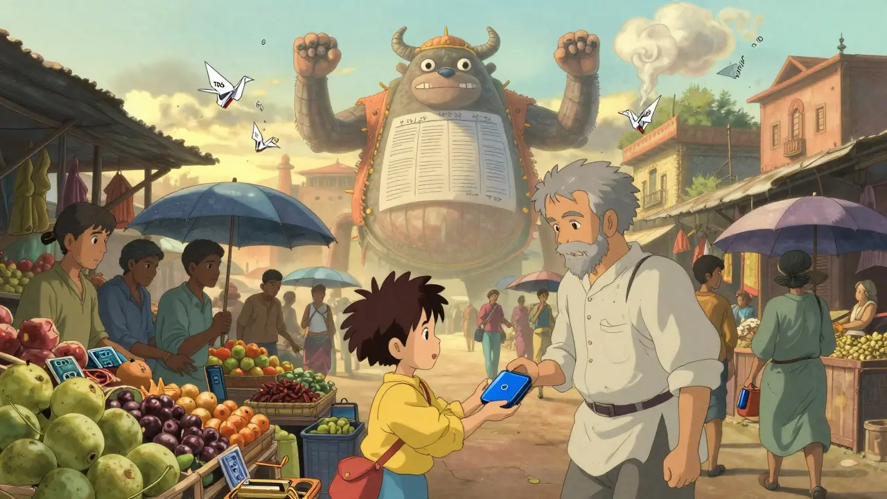 An Indian marketplace where people carry crypto wallets like everyday tools, ignoring a comical tax beast in the background.