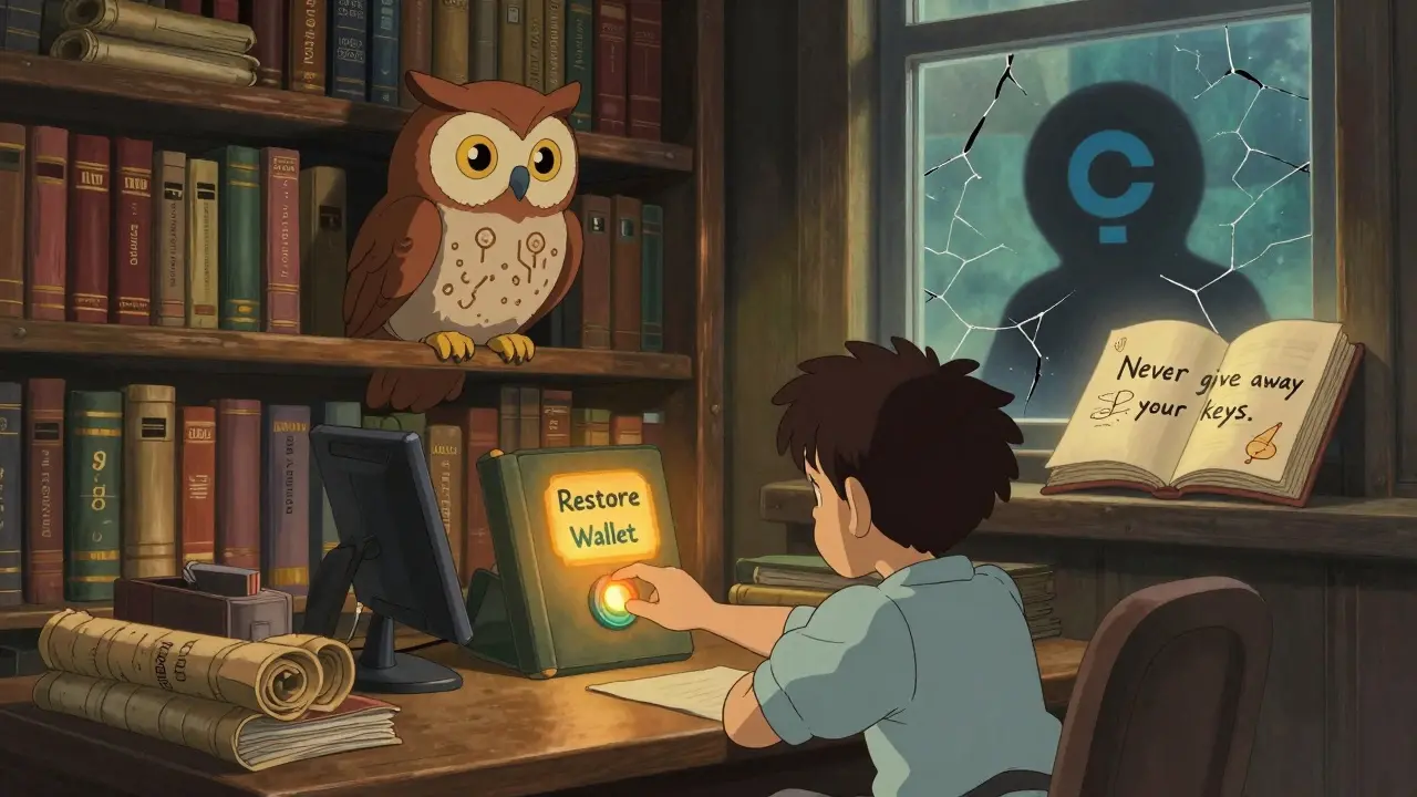 An owl watches a person reach for a phishing button in a library of blockchain books, a glowing security guide nearby.