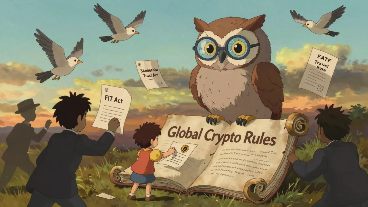 An owl with blockchain spectacles watches paper birds carry crypto regulations, while a child adds a new rule to a growing book.