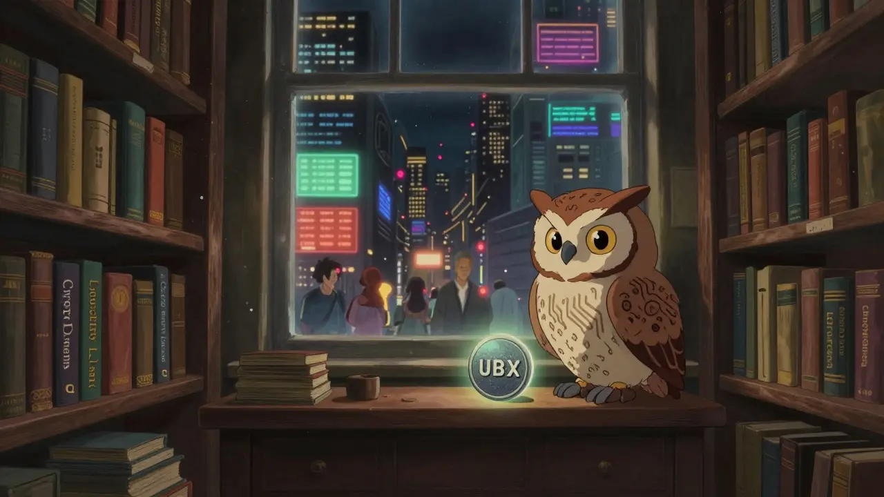 An owl with circuit feathers perches over a dusty library of failed crypto books, while a bright city glows outside.