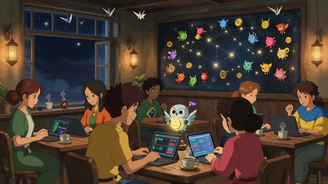 Diverse traders in a cozy room with animated altcoin charts and a friendly robot delivering a PROB token, all lit by soft lantern light.