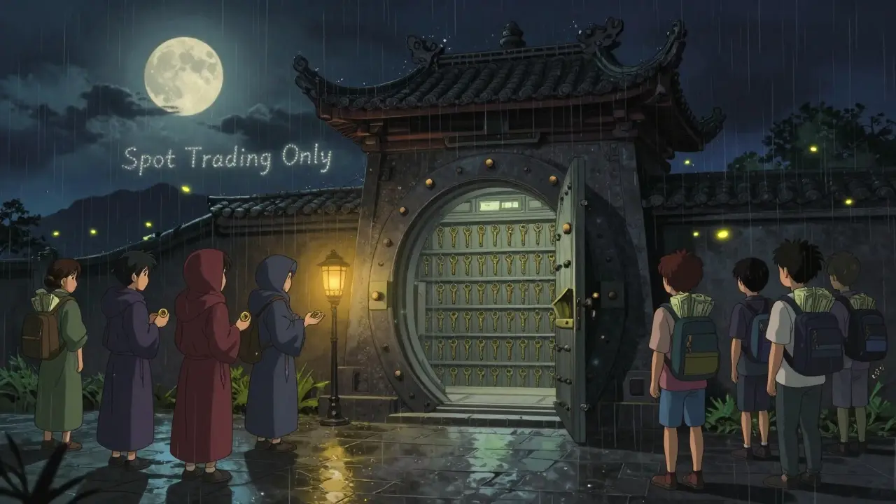 Experienced traders exchange crypto at a moonlit pagoda vault, while beginners wait hesitantly at the gate.