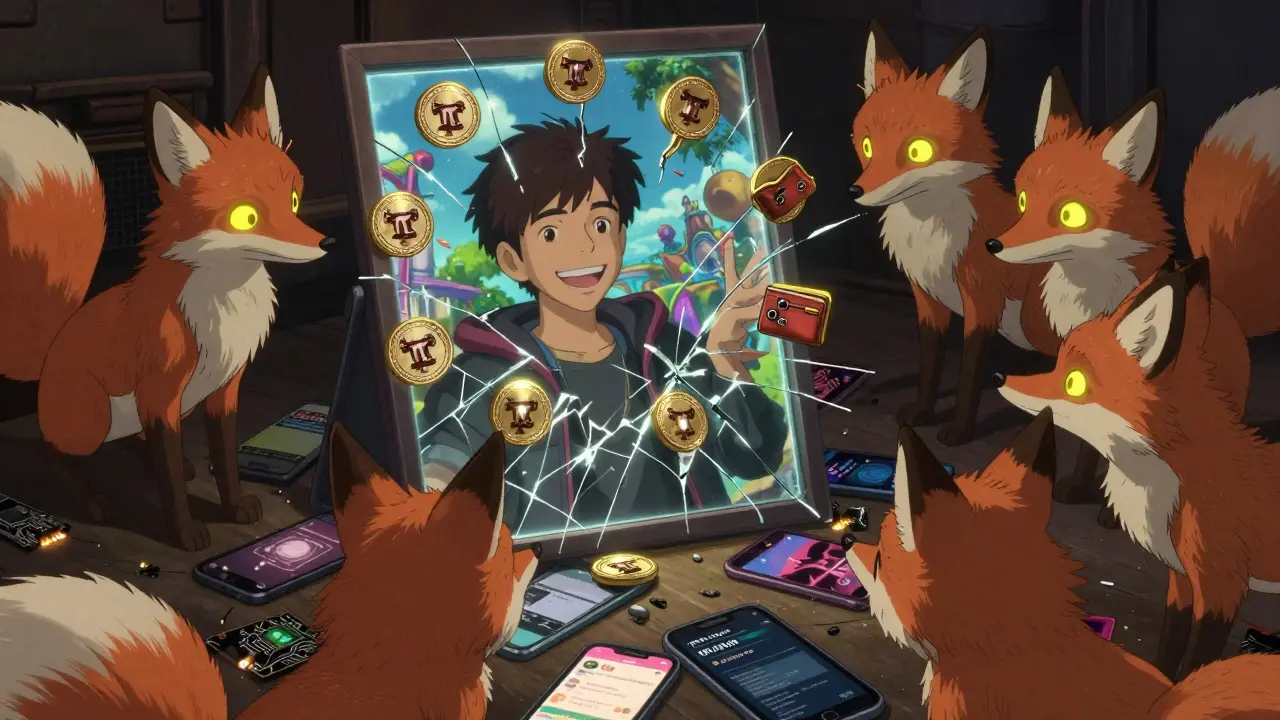 Fox-spirits stare into a shattered mirror reflecting a smiling influencer, while 10 glowing wallets float above a litter of broken screens.