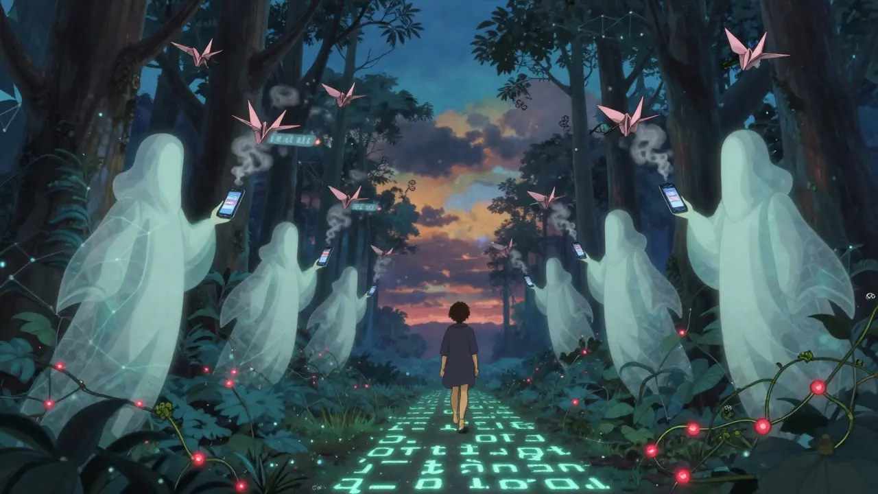 Ghostly figures send phishing messages as paper cranes over a glowing blockchain forest, one person walking unaware.