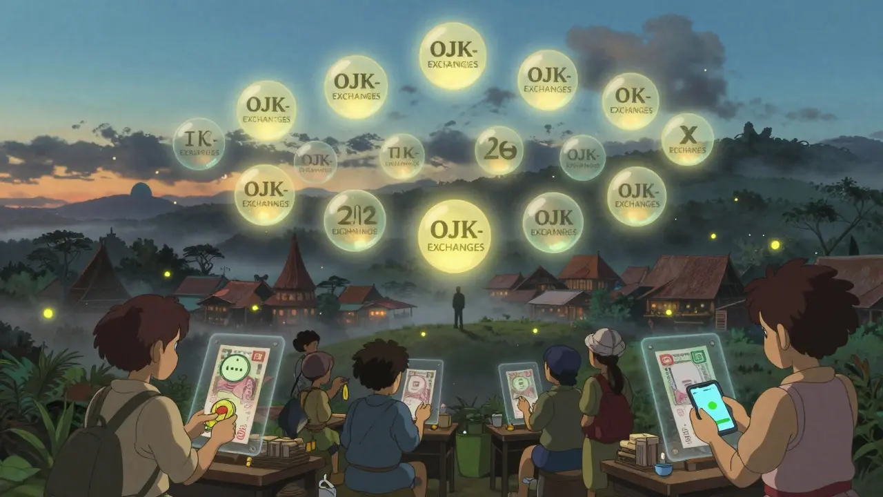 Glowing licensed crypto exchanges float above a village, while a shadowy figure uses an unlicensed app.