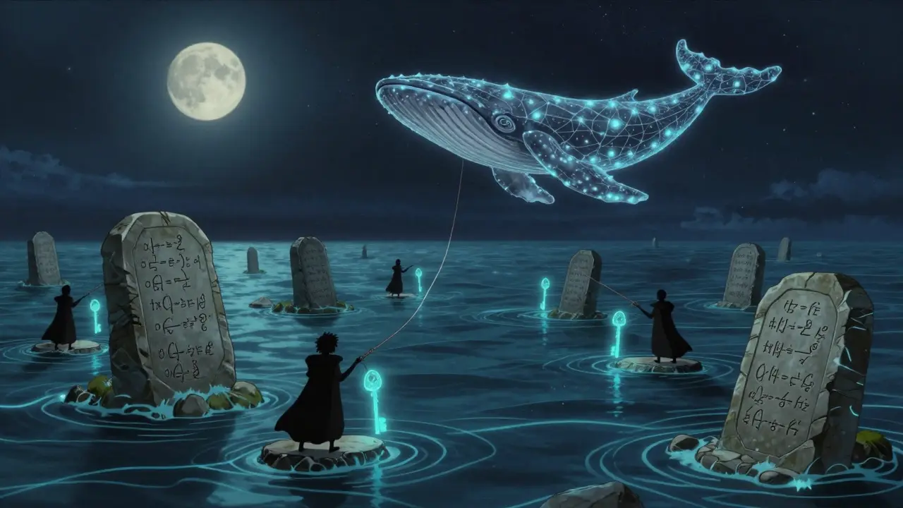 Shadowy figures harvest public keys from a digital ocean as a code-whale glows with protective patterns.