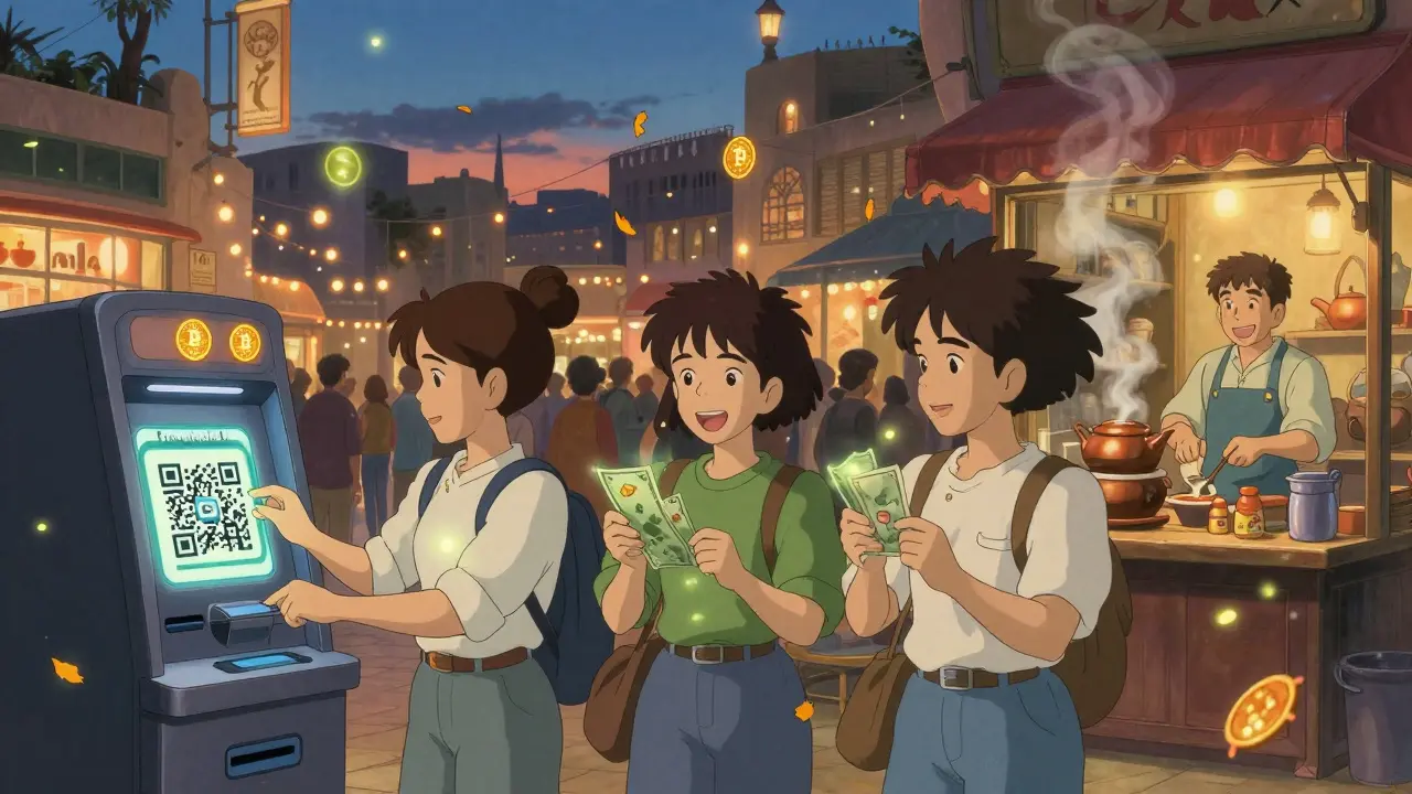 Teens using a crypto ATM in a glowing Jeddah mall, with digital coins floating like fireflies.