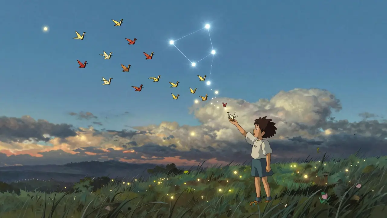 Thousands of MPAD token cranes flying toward a constellation of the MultiPad logo at twilight.