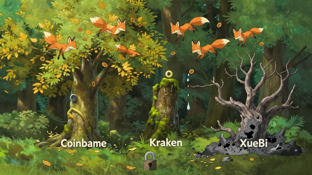 Three trees represent crypto exchanges: one thriving, one strong, one dead—spirit foxes fly toward the safe ones, ignoring the ash-covered tree.