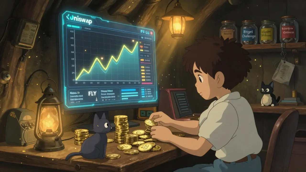 A boy and his cat-like companion sort digital FLY coins in a lantern-lit workshop with holographic exchange screens.