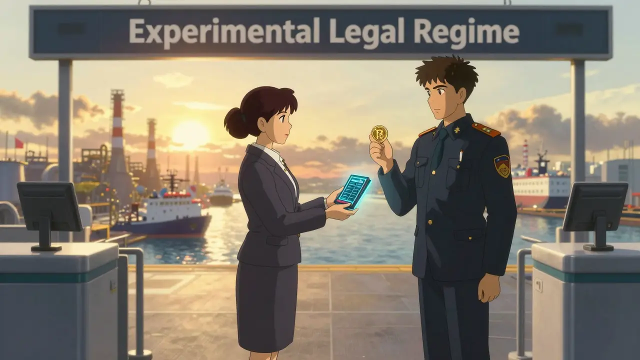 A businesswoman hands a digital ledger to an official at a border checkpoint, ruble and crypto token held side by side.