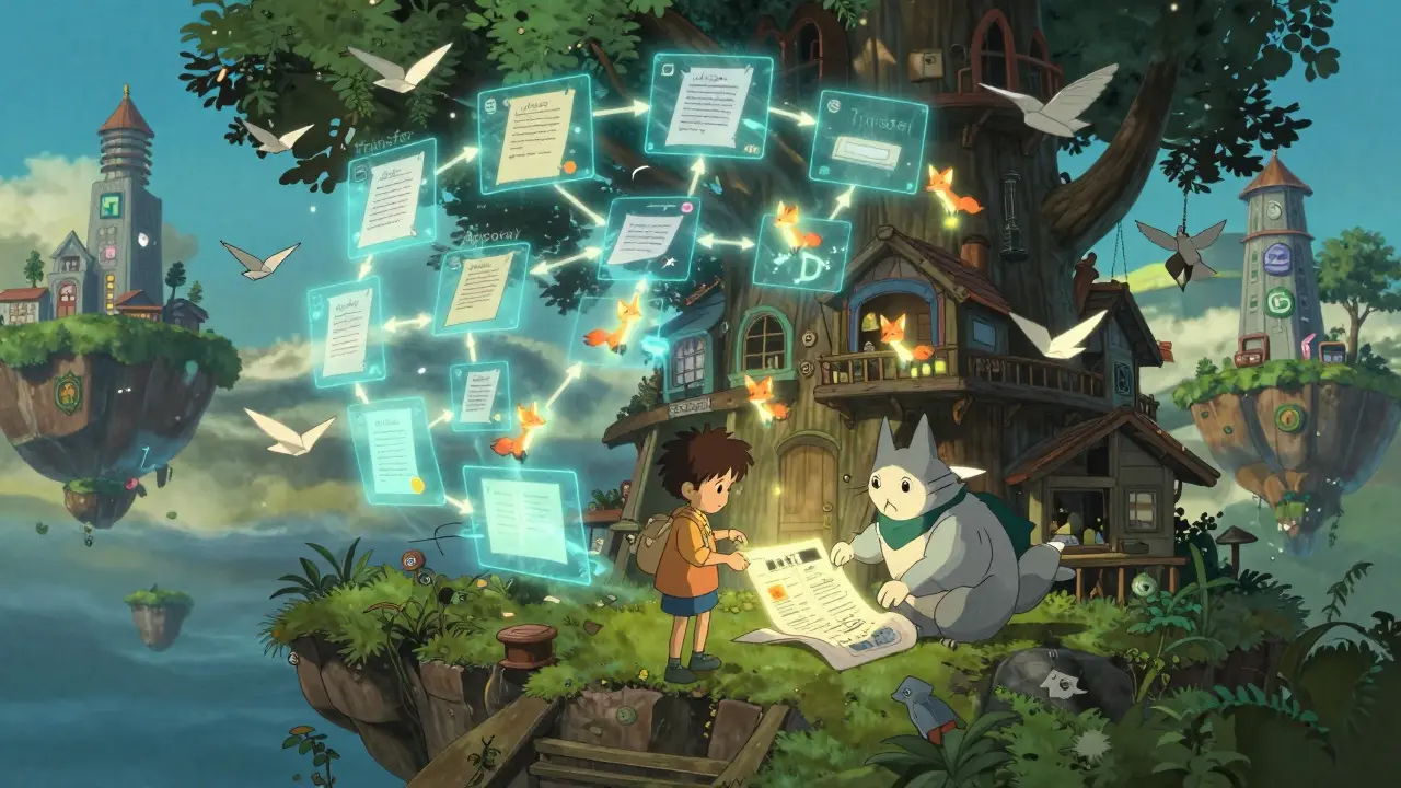 A child and cat-like AI examine origami event birds and transaction trails in a treehouse command center.