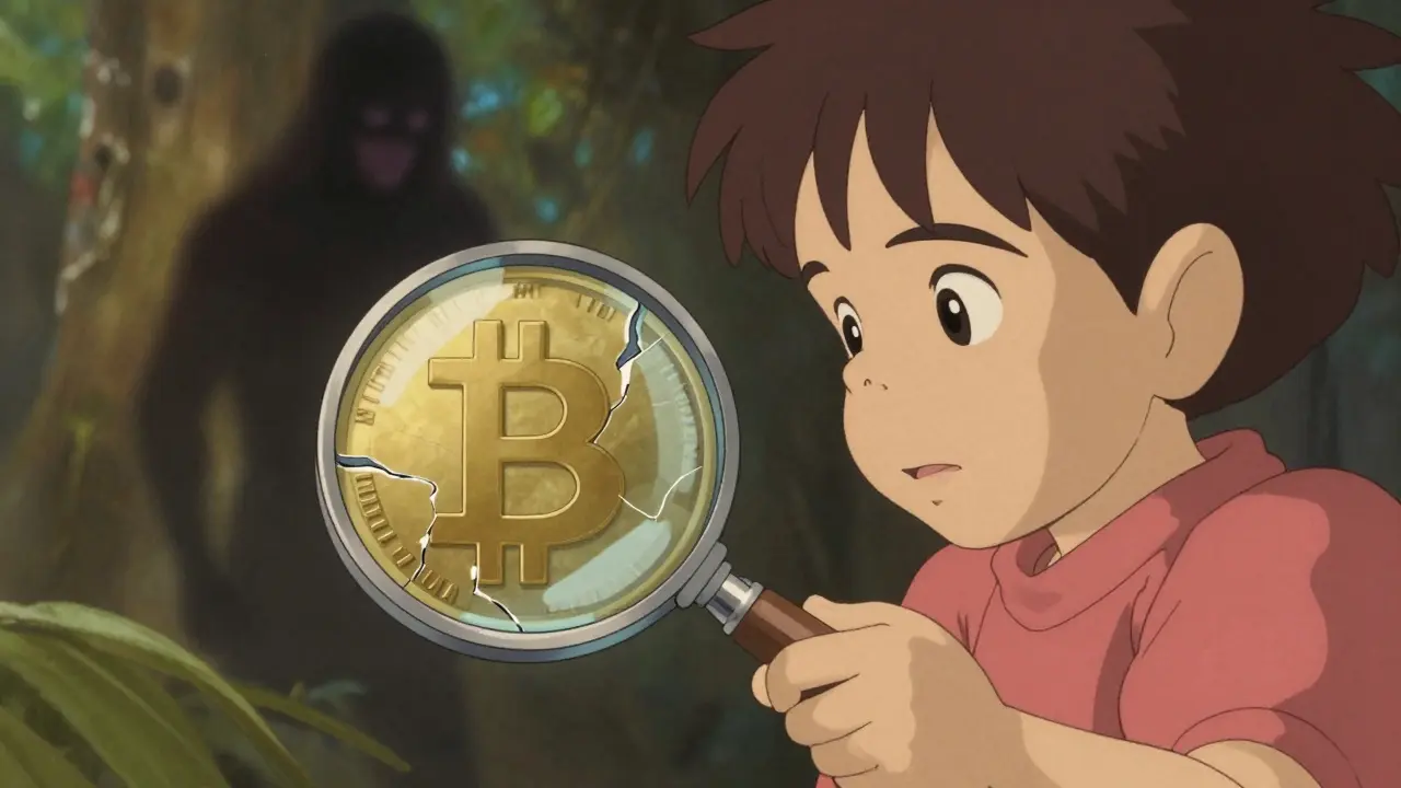 A child inspecting a cracked token with a magnifying glass, shadowy figure watching.