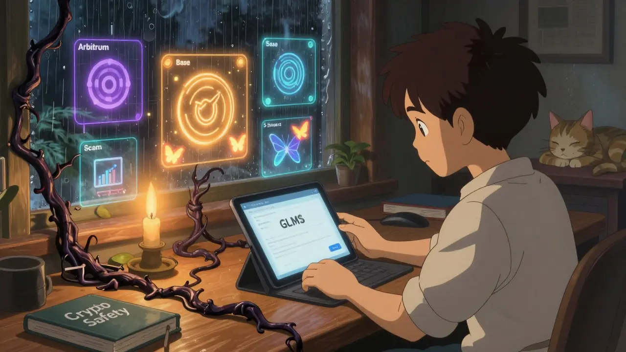 A coder examines a blank blockchain screen as legitimate crypto projects glow warmly around them, while a scam vine creeps toward their wallet.