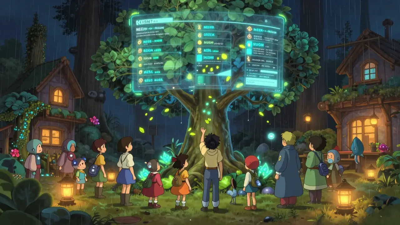 A community hub inside a metaverse with villagers gathering around a holographic tree of NUUM tokens under soft glowing lights.