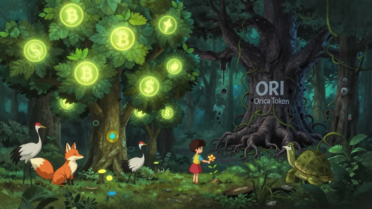 A digital forest of real crypto projects with spirit animals, while a decaying tree labeled 'ORI Orica Token' is consumed by malware vines.
