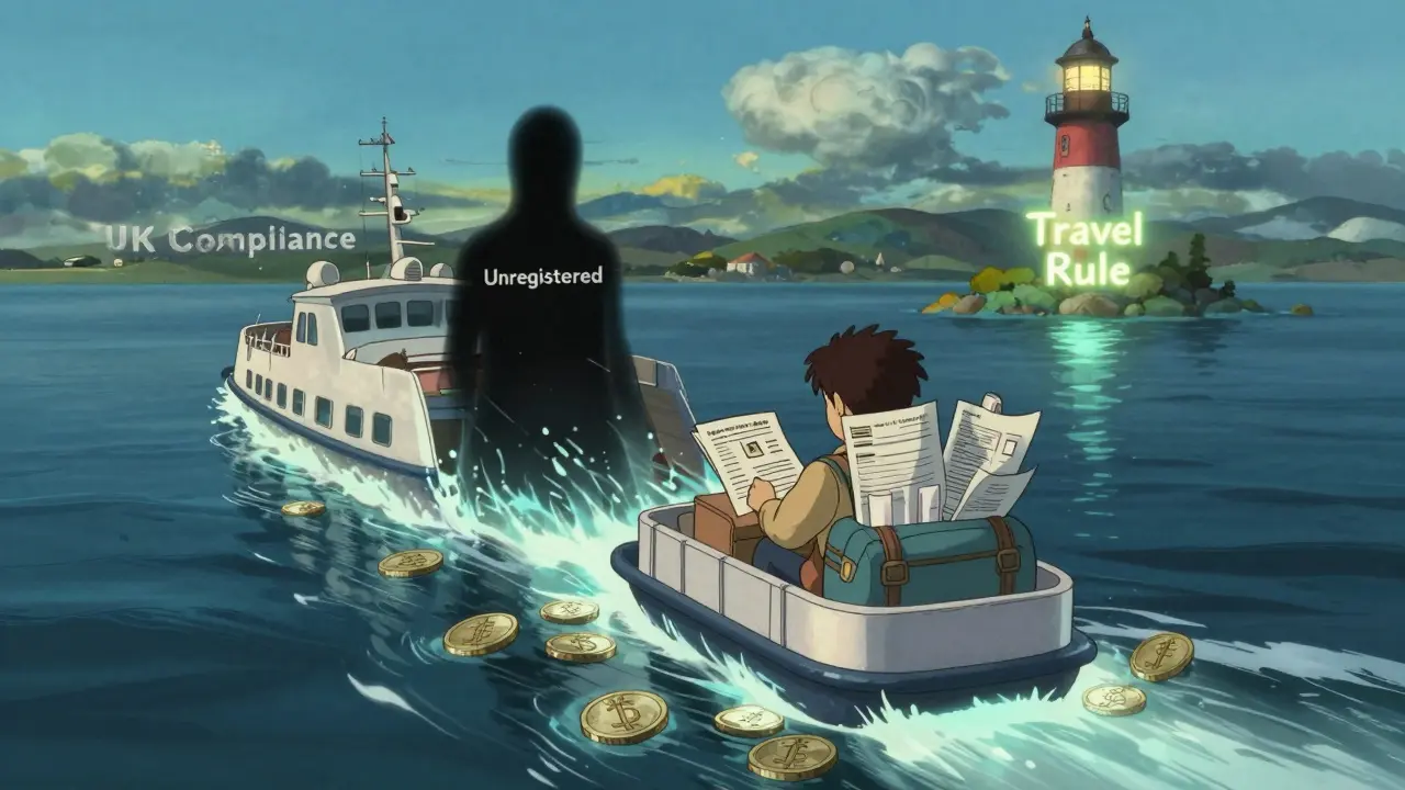 A ferry carries a business owner across a glowing river of coins toward a lighthouse shaped like a lock.