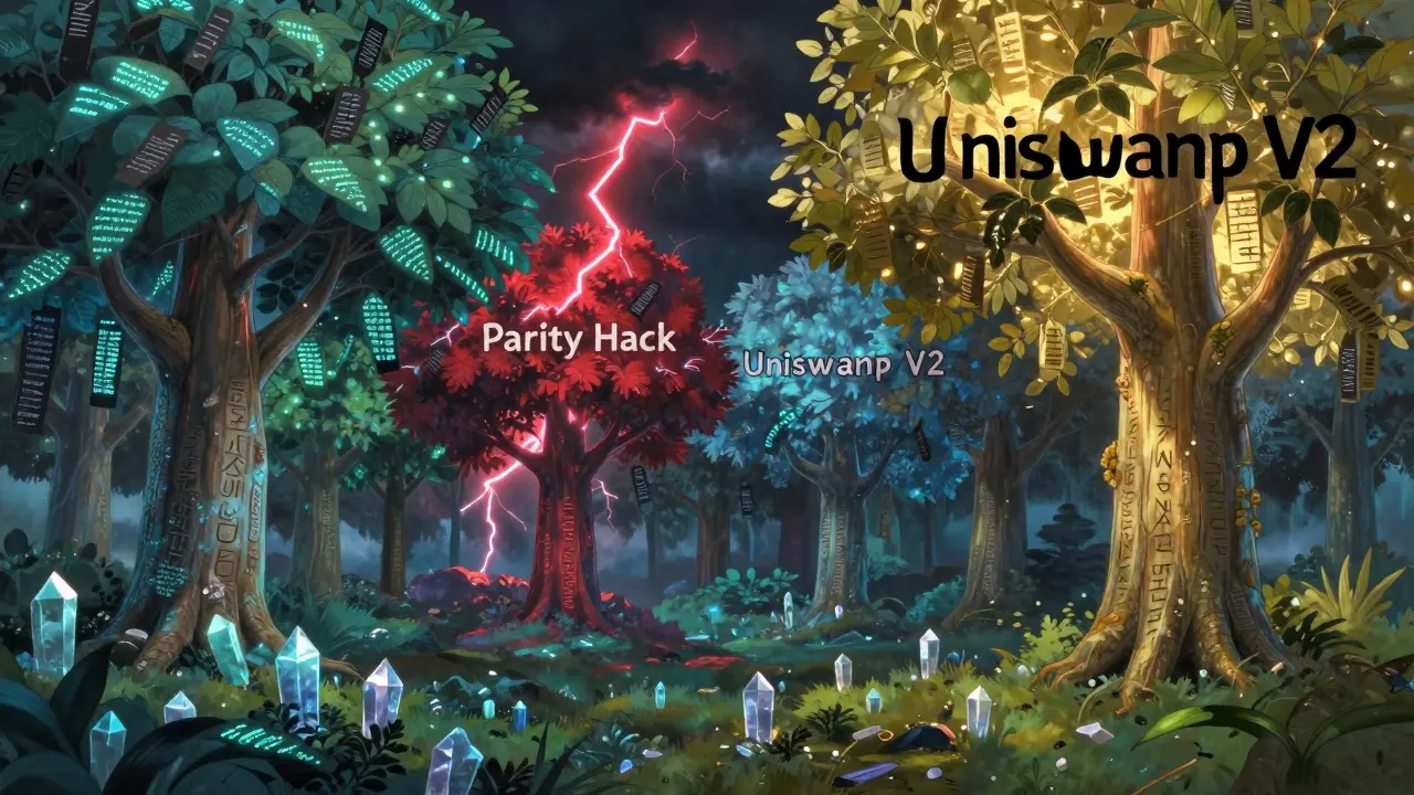 A forest of crystalline trees with immutable trunks and shifting transaction leaves, one struck by red lightning.