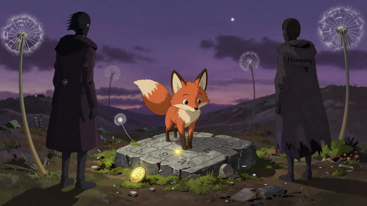 A fox spirit observes two fading symbols of crypto confusion under a twilight sky.