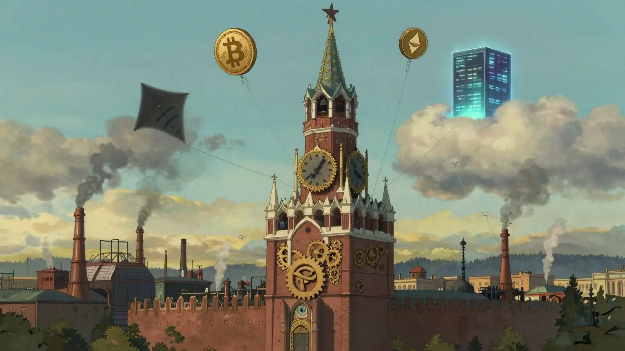 A giant clocktower with ruble gears below floating digital coins tethered to a distant server in the clouds.