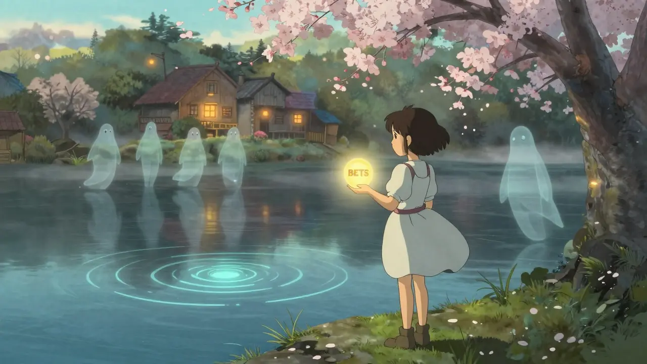 A girl holds a glowing BETS token as rescued figures walk toward a distant village, surrounded by cherry blossoms and mist.