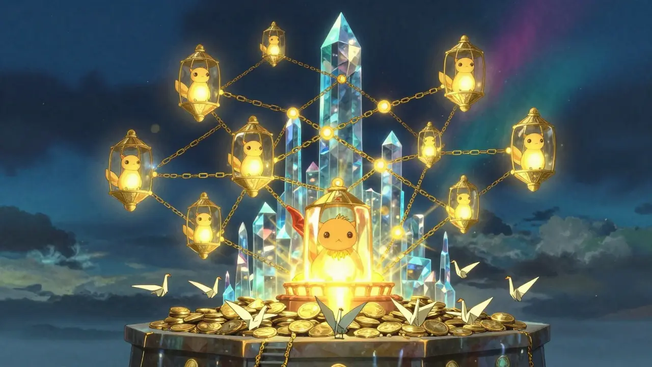 A glowing blockchain city of crystalline nodes and origami cranes floats in a shimmering sky.