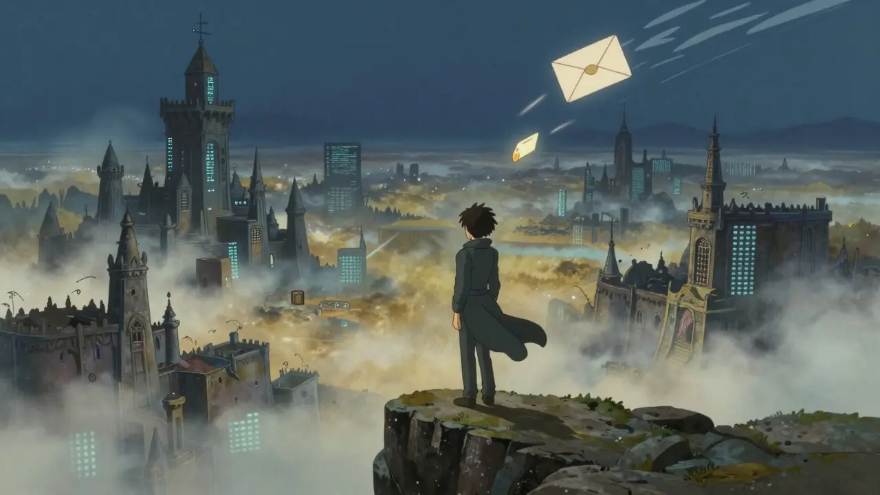 A lone figure on a cliff overlooking fading digital castles, holding a glowing NUUM token as a forgotten email drifts away.