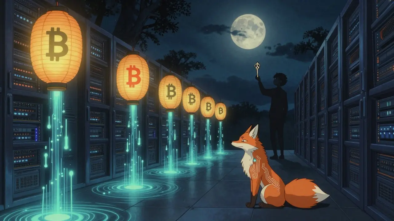 A moonlit server room with glowing data streams and a guardian fox spirit watching over cryptocurrency lanterns.