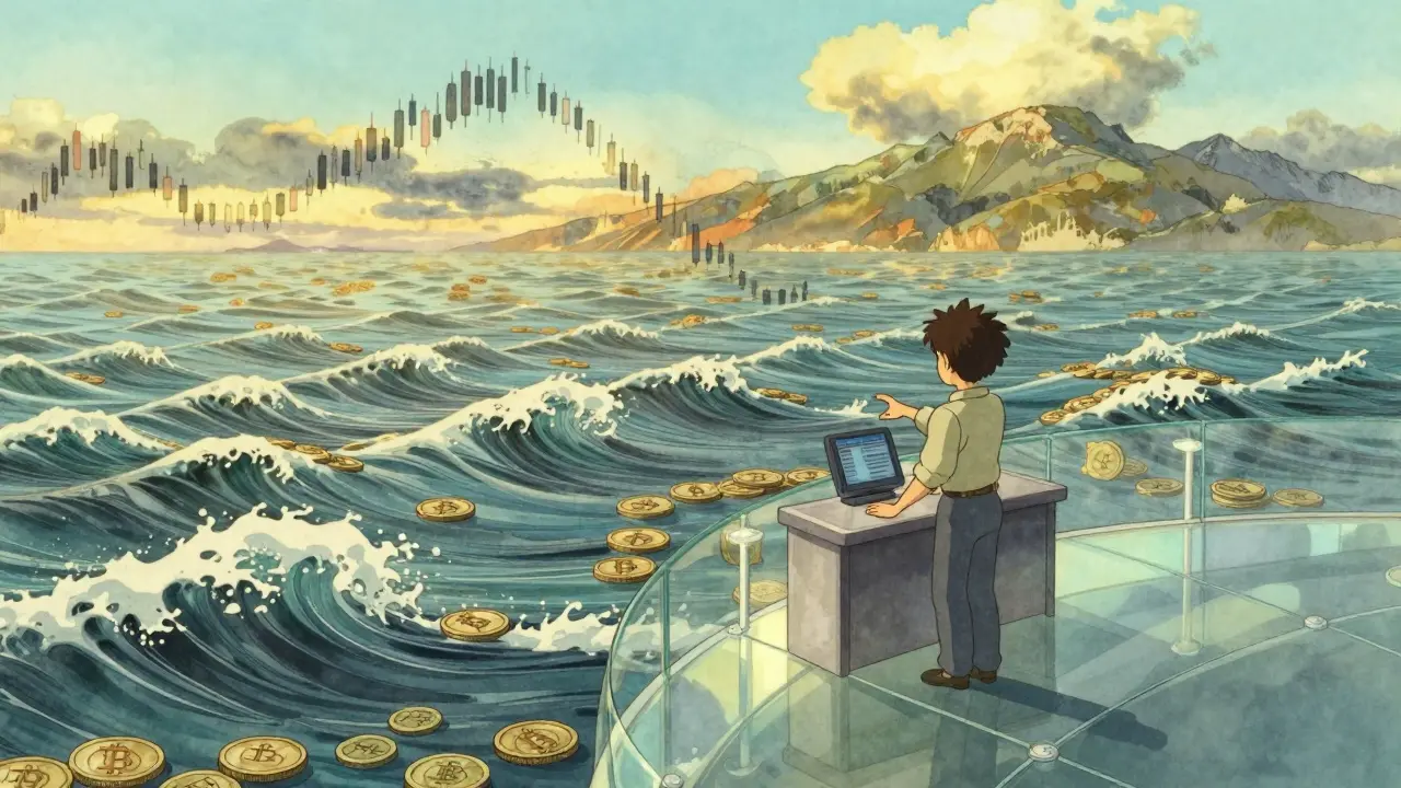 A person standing on a glass floor above a flowing ocean of cryptocurrency symbols under a sky of candlestick clouds.