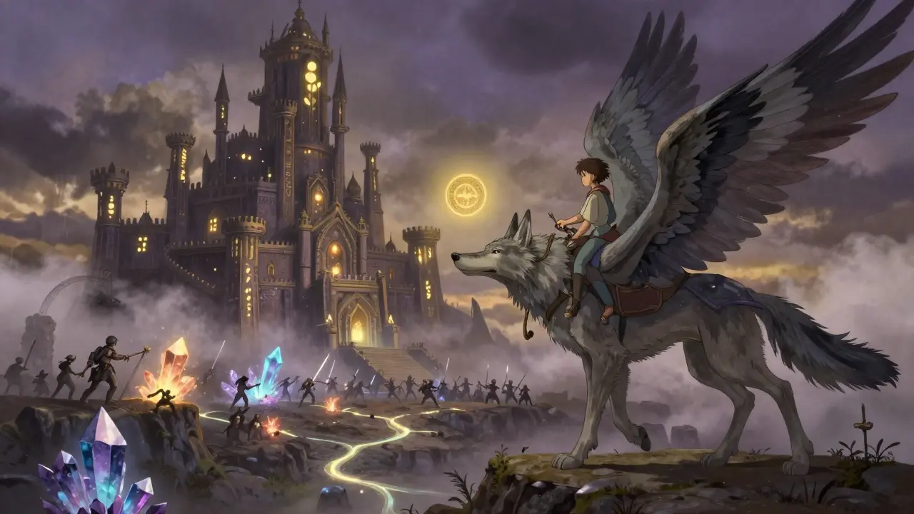 A player rides a winged wolf over a vast castle complex as others mine glowing crystals below in a serene, epic scene.