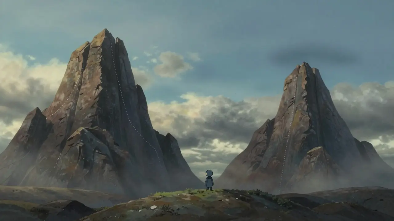 A small Aavegotchi figure below two towering digital peaks in a serene landscape.