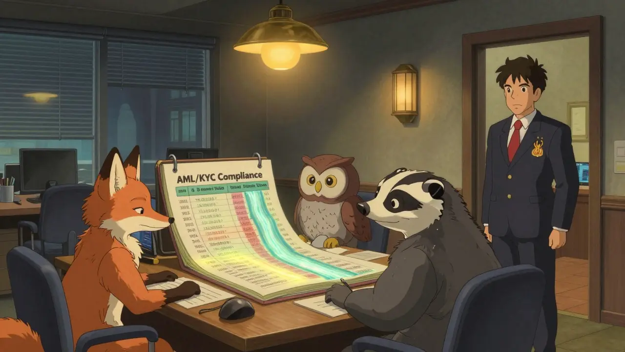 A team of anthropomorphic animals working with glowing compliance systems under warm lantern light, watched by a calm SEC regulator.