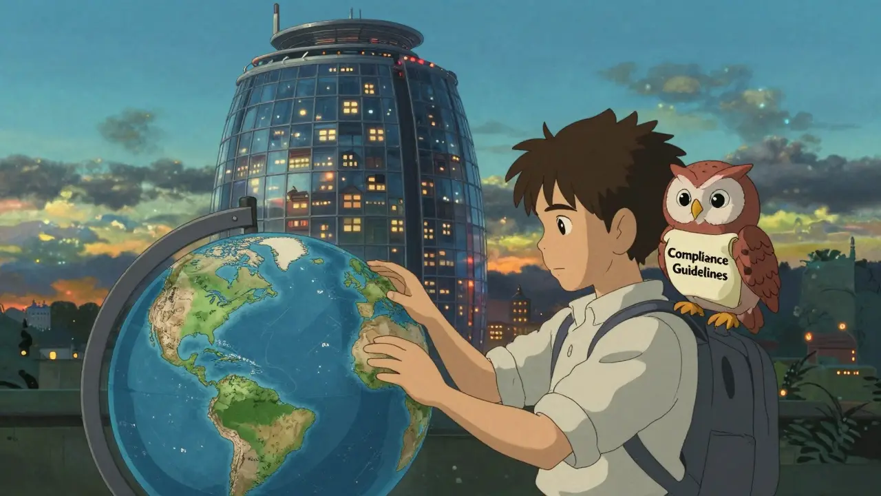A trader adjusting a global IP globe as an owl watches, with residential IPs twinkling like stars in the sky.