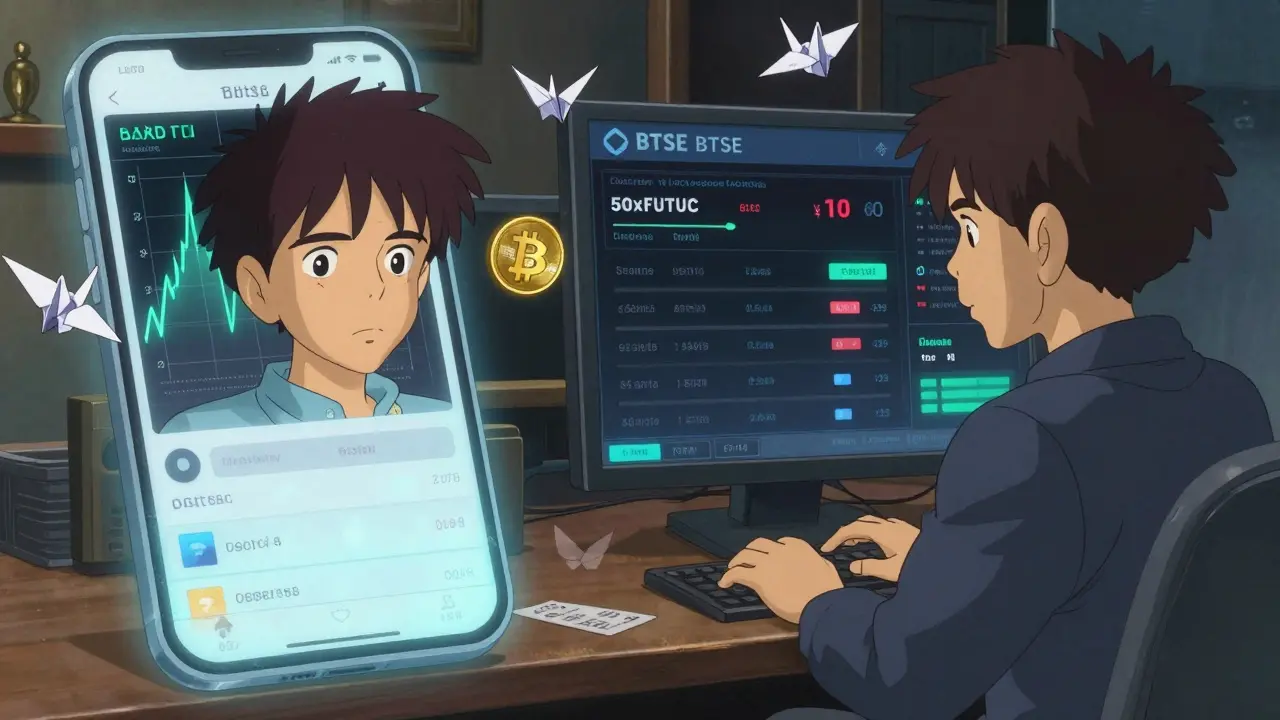 A trader comparing a frozen mobile app with a smooth BTSE trading terminal during a Bitcoin price spike.