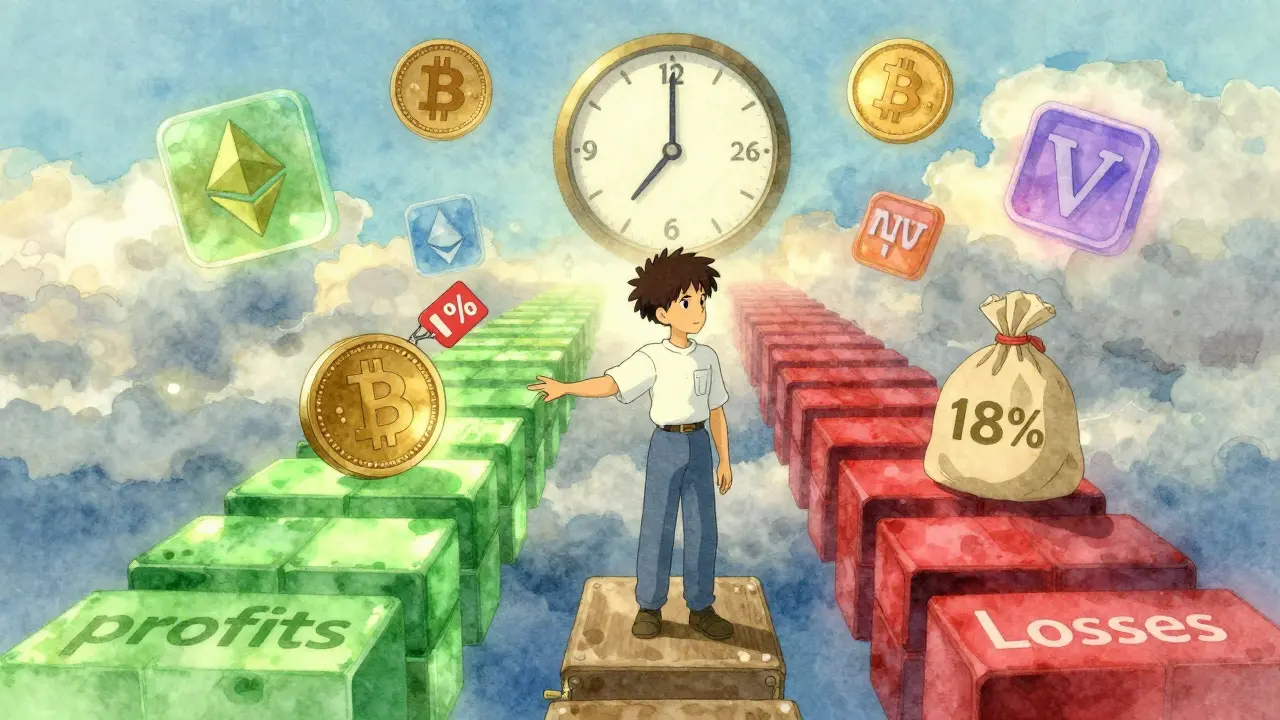 A trader on a blockchain bridge facing paths of profit and loss, with spirit-like tax icons nearby.