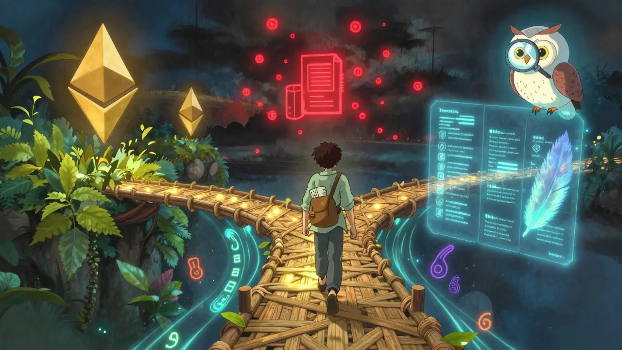 A traveler crosses a light bridge between Ethereum and Solana blockchains, with data streams flowing beneath as a wise owl watches.