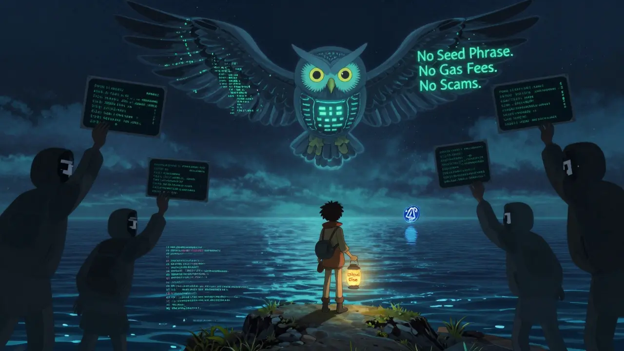 A traveler holds a glowing official site lantern as shadowy scam figures reach out, watched over by a wise code owl.